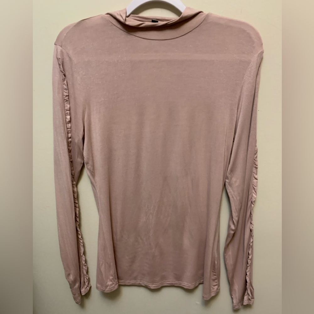 GUESS Pink Shimmered Ruffled Sleeves Stretchy Mock Neck